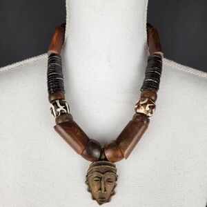 African Bronze Mask Chunky Wood Heishi Shell Necklace Handmade